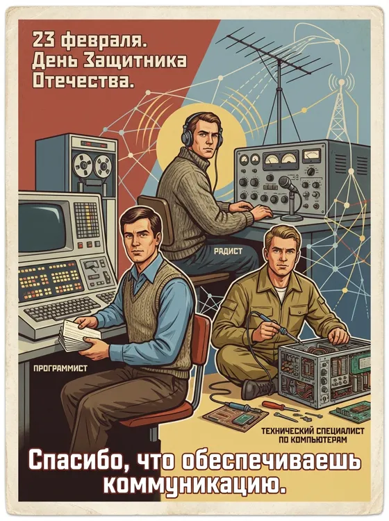 Сгенерируй открытку в советском стиле. В левом вер...