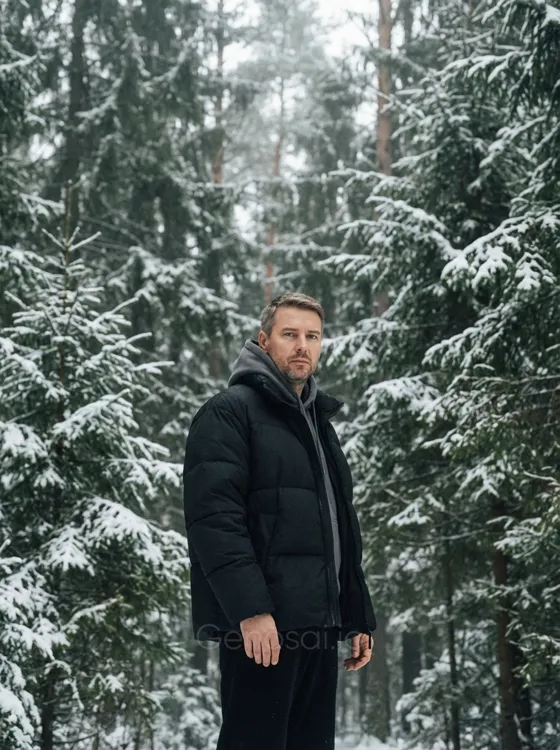 "A man stands in a winter coniferous forest, his b...