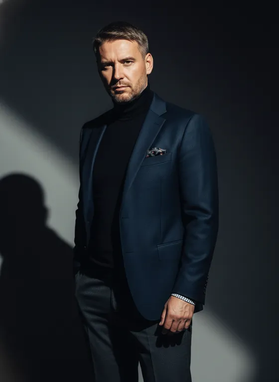 Create a bold, dramatic GQ-style editorial portrai...