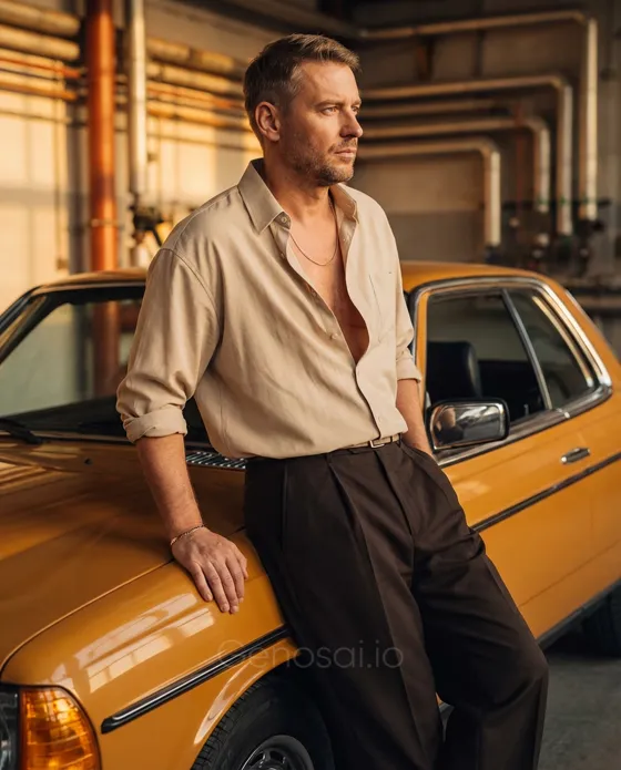 A man leans against a car, supporting the body on ...