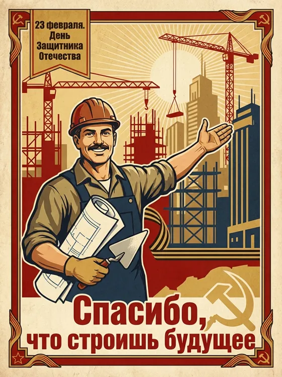 Сгенерируй открытку в советском стиле. В левом вер