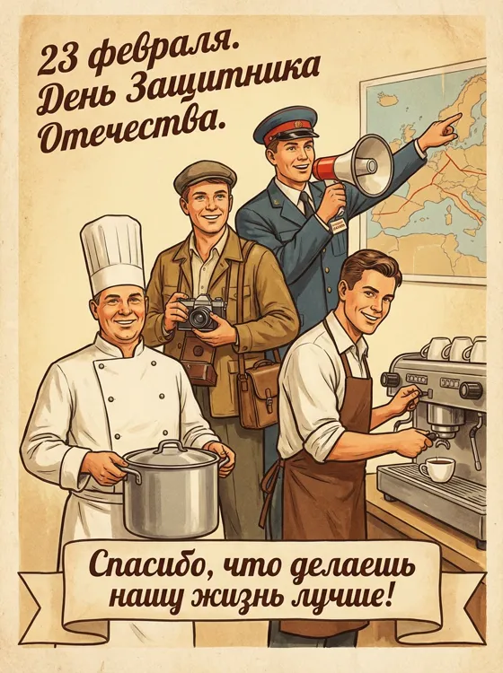 Сгенерируй открытку в советском стиле. В левом вер...