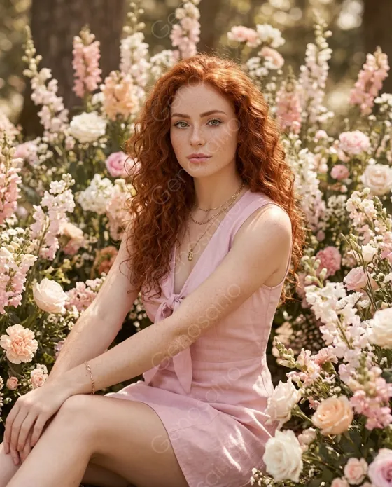 A woman sits amid a lush floral arrangement. She w...