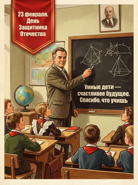 Сгенерируй открытку в советском стиле. В левом вер