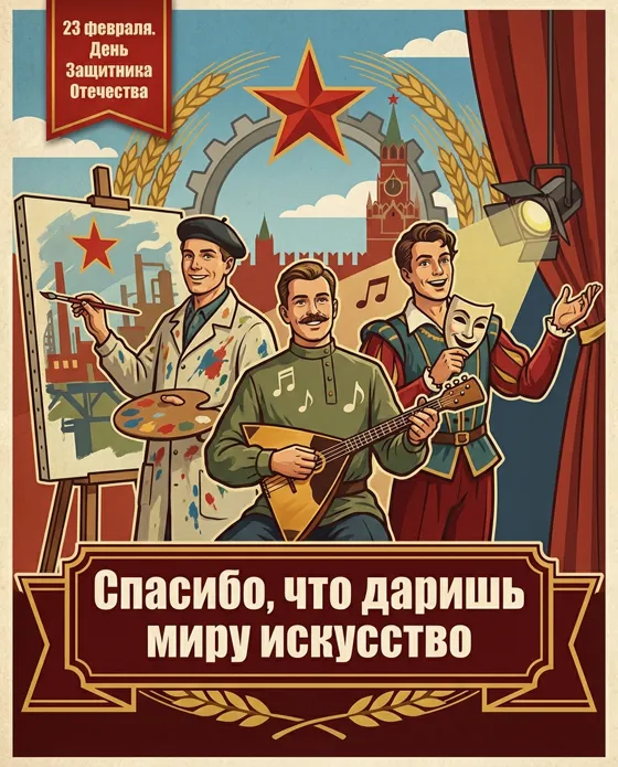 Сгенерируй открытку в советском стиле. В левом вер...