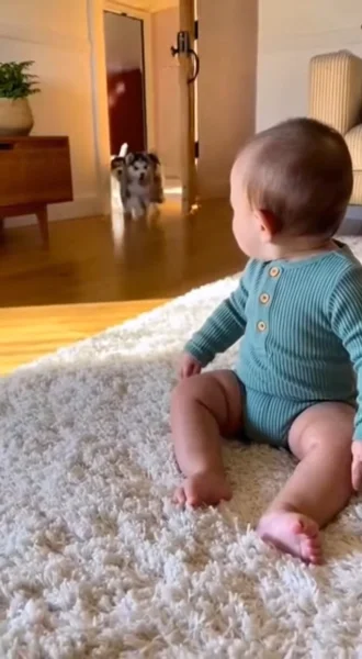 A cinematic wide shot of a cheerful 12-month-old t